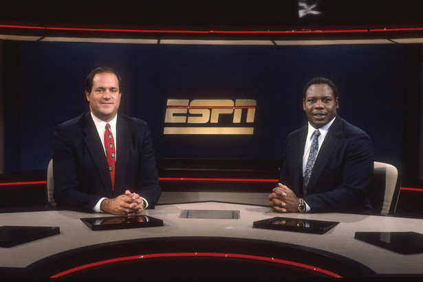 1990 - ESPN's Chris Berman (L) and Tom Jackson on the set - ESPN Front Row