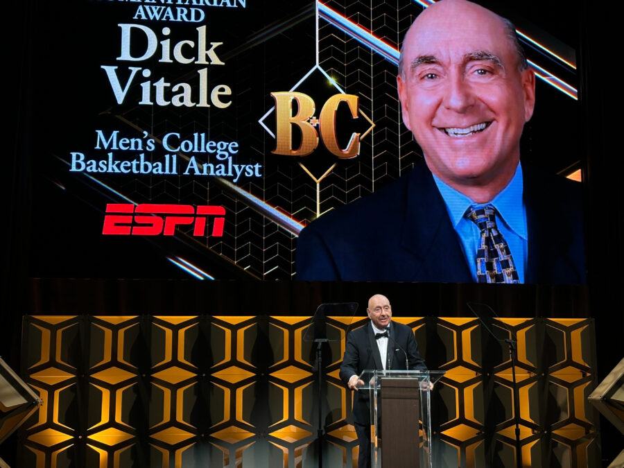 Thursday in New York, the ESPN legend also was honored with the organization's Humanitarian Award for his cancer research fundraising