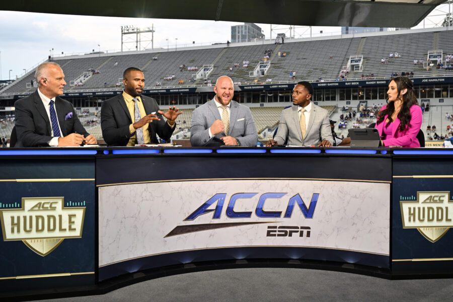 ACCN's college football production crew utilized eight different set locations in three different cities in a span of 100 hours. Weather and last-minute set relocations came into play